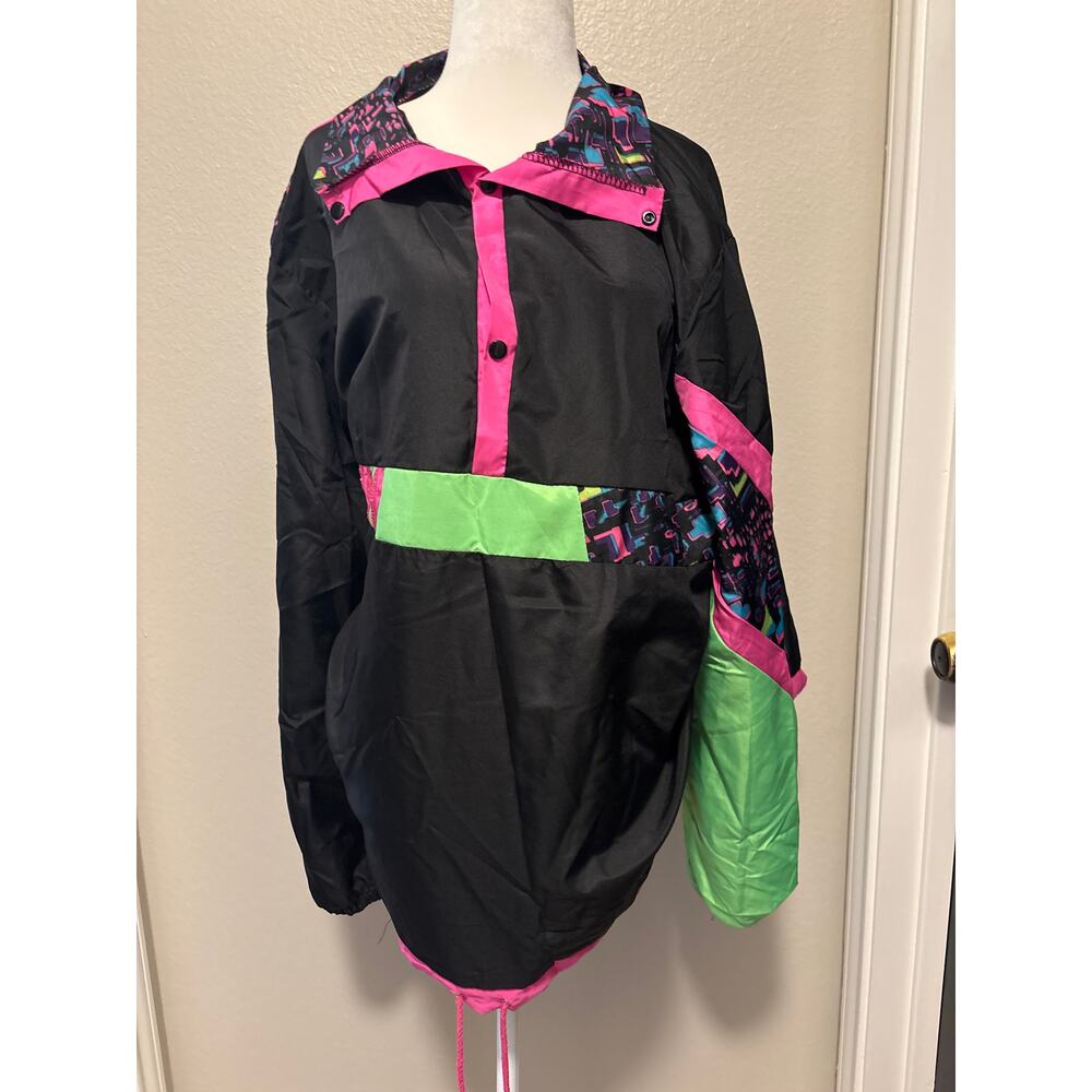 Vintage 80s/90s Windbreaker Jacket Black Neon Pink Green Geometric Print